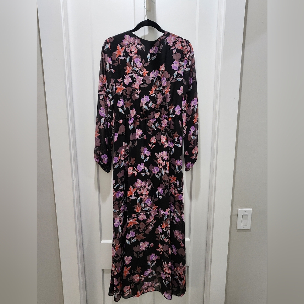 BarIII Black Floral Long Sleeve Dress - Black and Pink